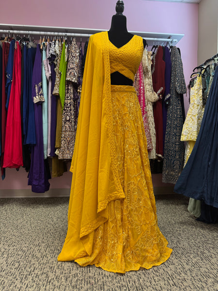 AFL2009-Yellow bead work lehenga with floral work and dupatta