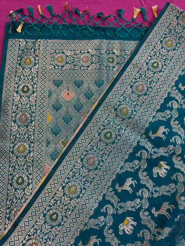 semi silk banarasi Saree in Blue with Zari Border. Comess with stitched blouse size 38 can be altered up to 44