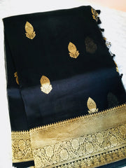 BKS 014 - Pure Banarasi Kora Silk Saree with Sona Rupa Floral Buttas. Comes with unstitched Blous