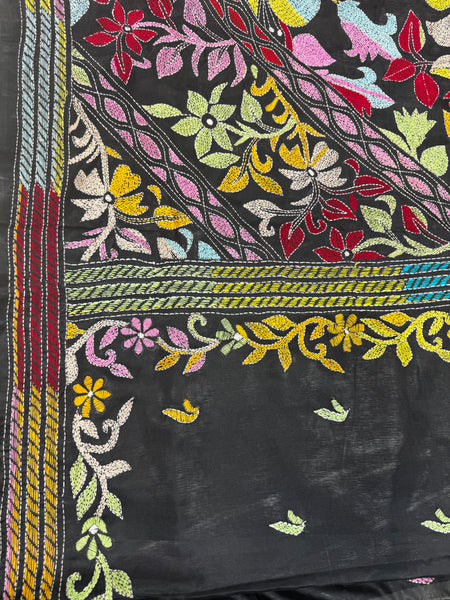 KSN204: Semi Silk Kantha Tusser Saree in black hand work design. Fall Peco done. Comes with stitched Blouse size 38 it can be altered to 44 size.