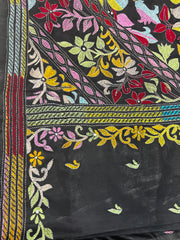KSN204: Semi Silk Kantha Tusser Saree in black hand work design. Fall Peco done. Comes with stitched Blouse size 38 it can be altered to 44 size.