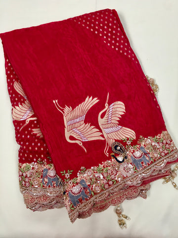 AFL8004 Pure banarasi crepe tissue saree in pink with heavy hand embroidery party wear Saree.comes with stitched blouse size 38 can be altered to 44 size.