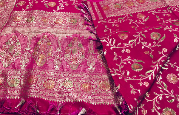 BKS109 Banarasi Georgette saree in pink. Come with stitched blouse size 38 can be altered to size 42. Fall peco done.