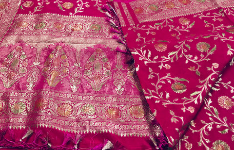 BKS109 Banarasi Georgette saree in pink. Come with stitched blouse size 38 can be altered to size 42. Fall peco done.