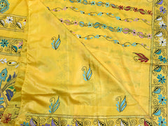 KSN203 - Semi Silk Kantha Tusser Saree in yellow hand work design. Fall Peco done. Comes with stitched Blouse size 38 it can be altered to 44 size.