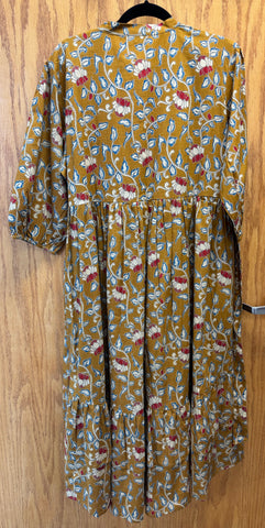 JPD019-Mustard yellow long dress with flower pattern and flare