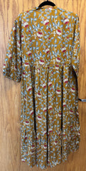 JPD019-Mustard yellow long dress with flower pattern and flare