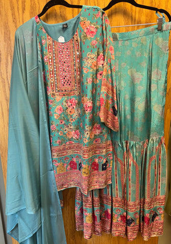 DPD009-Blue long kurti, sharara pants, and dupatta with flower print