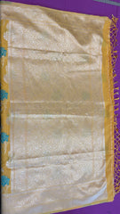 Banarasi Tussari saree in Yellow with gold  zari border.Fall peco done. Comess with stitched blouse size 38 can be altered up to 44 size.