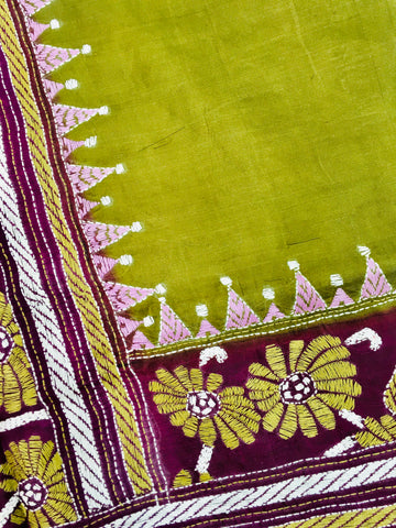 KSN228 Pure Silk Kantha Tussar Saree in green. Comes with stitched blouse. Fall peco done.