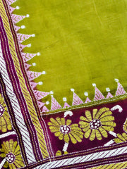 KSN228 Pure Silk Kantha Tussar Saree in green. Comes with stitched blouse. Fall peco done.