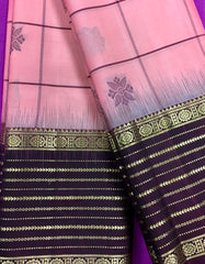 KSS431 Pure handloom kanchipuram silk Saree in pink with brown gold zari border.comes with stitched blouse size 40,can be altered to 44 size.