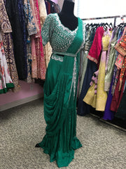 KKD017 - Green half saree with beautiful work on blouse and a belt