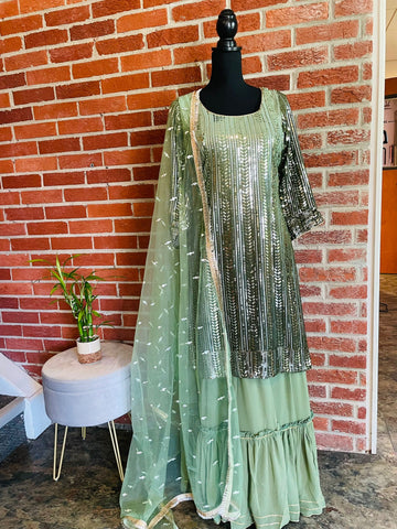 AMI101 - Party Wear Sharara Set in Sage Green (Ombre) with Heavy Embroidery work. Comes with Dupatta