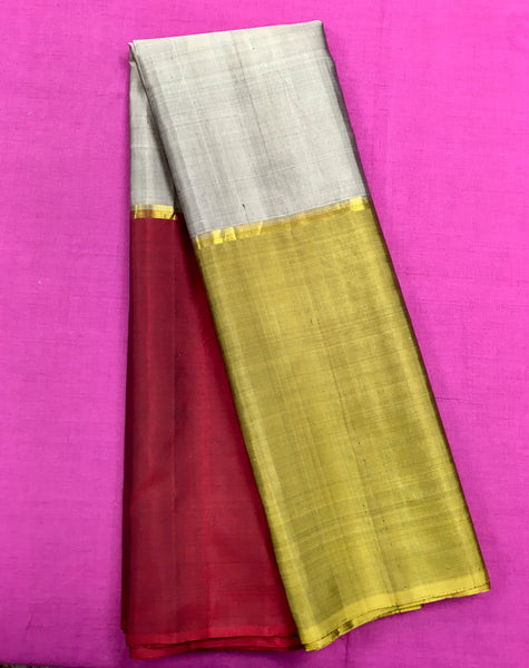 KSS458 Pure handloom kanchipuram silk Saree in gray with maroon and green border.comes with stitched blouse size 40,can be altered to 44 size.