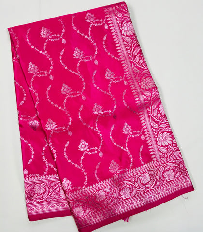 BKS123 Banarasi Mashru silk Saree in pink.Comes with gold zari work. Comes with stitched blouse size 38 can be altered to size 42. Fall peco done.