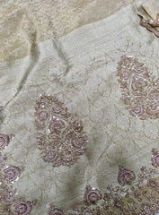 AFL8003 Pure banarasi crepe tissue saree in beige with heavy hand embroidery party wear Saree.comes with stitched blouse size 38 can be altered to 44 size.