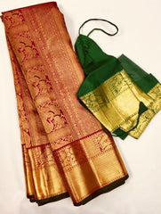 KSS501 Pure kanchipuram handloom silk Saree in red color with gold zari border. comes with stitched blouse size 40,can be altered to 44 size.