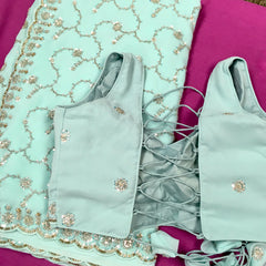 AFL3060 Partywear saree in blue with sequins and bead work.Come with stitched blouse size 40,can be altered to 44 size.Fall peco done.