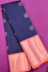 KSS445 Pure handloom kanchipuram silk Saree in navy blue with pink gold zari border.comes with stitched blouse size 40,can be altered to 44 size.