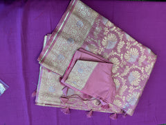 Banarasi Tussari georgette saree in Onion Pink with gold and silver zari border.Fall peco done. Comess with stitched blouse size 38 can be altered up to 44 size.