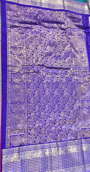 SKH135 PURE HANDLOOM SILK IKKAT KANCHIPURAM SAREE IN PASTEL PINK WITH BLUE KANCHIPURAM BORDER