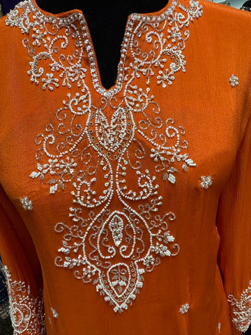 KKD011- Orange kurta with beautiful bead work and dhoti pants