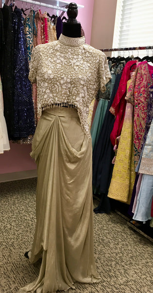 KKD003 - Indowestern Partywear dress in pure chinnon fabric with heavy embroidery handwork blouse.
