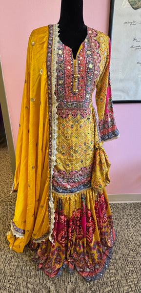 DPP006-Long yellow kurti with gharara, potli, and dupatta with heavy mirror work