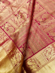 KSS501 Pure kanchipuram handloom silk Saree in red color with gold zari border. comes with stitched blouse size 40,can be altered to 44 size.