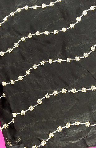 AFL3044 party wear saree in black soft fendy satin silk saree with beads embroidery work.Comes with stitched blouse size 40,can be altered to 44size.Fall peco done.