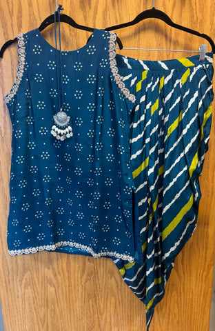 DPD001-Blue short kurti with tulip pant in bandhini pattern and necklace