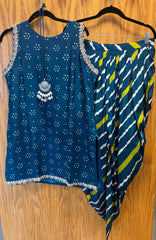 DPD001-Blue short kurti with tulip pant in bandhini pattern and necklace