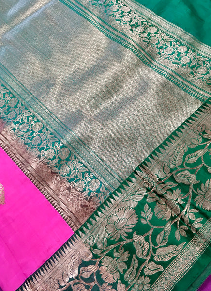 KKT119 PURE BANARASI HANDLOOM KATAN SILK SAREE IN PINK WITH BOTTLE GREEN ZARI BORDER AND PALLU