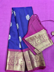 KSS440 Pure handloom kanchipuram silk Saree in purple with pink gold zari border.comes with stitched blouse size 40,can be altered to 44 size.