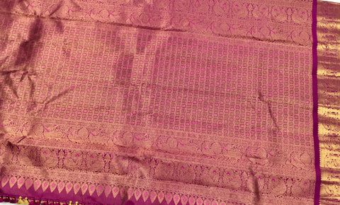 KSS504 Pure kanchipuram handloom silk Saree in purple color with gold zari border. comes with stitched blouse size 40,can be altered to 44 size.