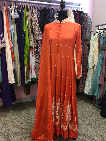KKD021 - Orange long kurta with beautiful border and pants and dupatta