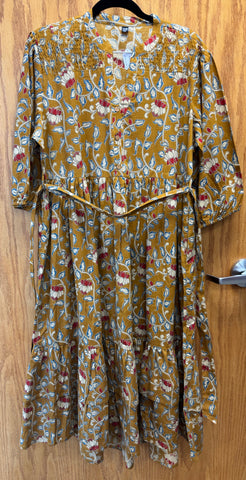 JPD019-Mustard yellow long dress with flower pattern and flare