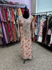 Pnk432: White, Blue, and Brown Long Kurti Gowns  and Potli