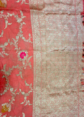 BKS110 Banarasi Georgette saree in peach. Comes with stitched blouse size 38 can be altered to size 42. Fall peco done.