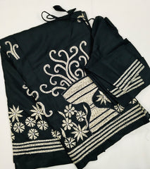 KSN223 - Pure Silk Kantha Saree in black. Comes with stitched blouse.