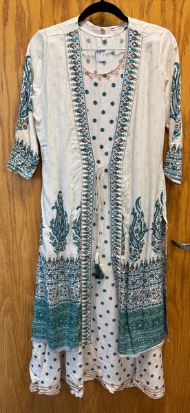 JPD016-Two piece White long dress with blue flower pattern