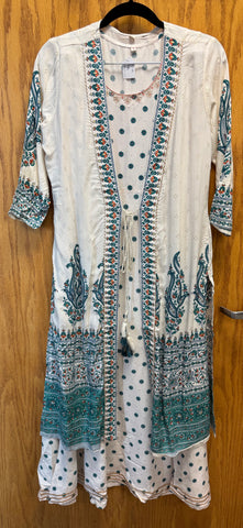 JPD016-Two piece White long dress with blue flower pattern