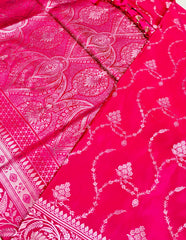BKS123 Banarasi Mashru silk Saree in pink.Comes with gold zari work. Comes with stitched blouse size 38 can be altered to size 42. Fall peco done.