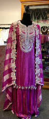 RFSS2015 -Pure Chinnon Shimmer Crepe Heavy Embridered Kurta In Magenta With Sharara Pant And Koti