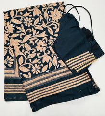 KSN214 Semi Silk Kantha Tusser Saree in black. Comes with stitched Blouse. Fall peco done.