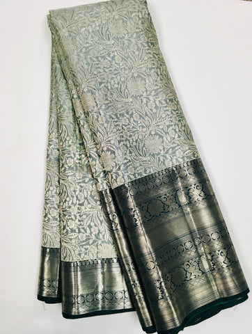 KSS514 Pure kanchipuram tissue silk Saree in gray with  bottle green color gold zari border. comes with stitched blouse size 40,can be altered to 44 size.