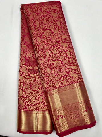 KSS518 Pure kanchipuram handloom silk Saree in red color with gold zari border. comes with stitched blouse size 40,can be altered to 44 size.