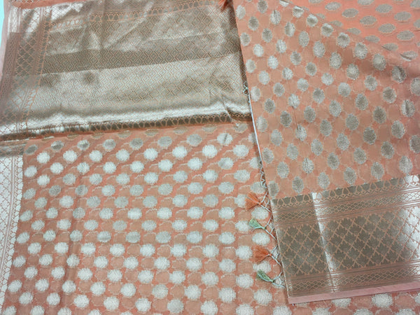 BKS139 Cotton Banarasi Saree in beach. Comes with stitched blouse size 38 can be altered to size 42. Fall peco done.