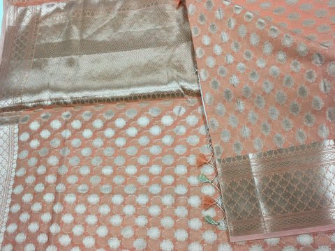 BKS139 Cotton Banarasi Saree in beach. Comes with stitched blouse size 38 can be altered to size 42. Fall peco done.